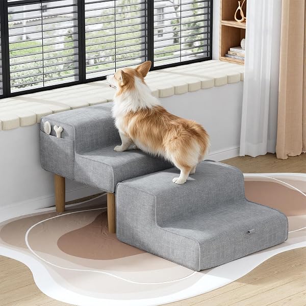 PAKALIFE DOG RAMP OTTOMAN,2-IN-1 DOG STEPS FOR BED&COUCH,FOLDABLE SOLID WOOD PET RAMPS&DOG STAIRS FOR SMALL, SENIOR DOGS & OLD CATS TO GET ON BED,WASHABLE COVER,135LB CAPACITY