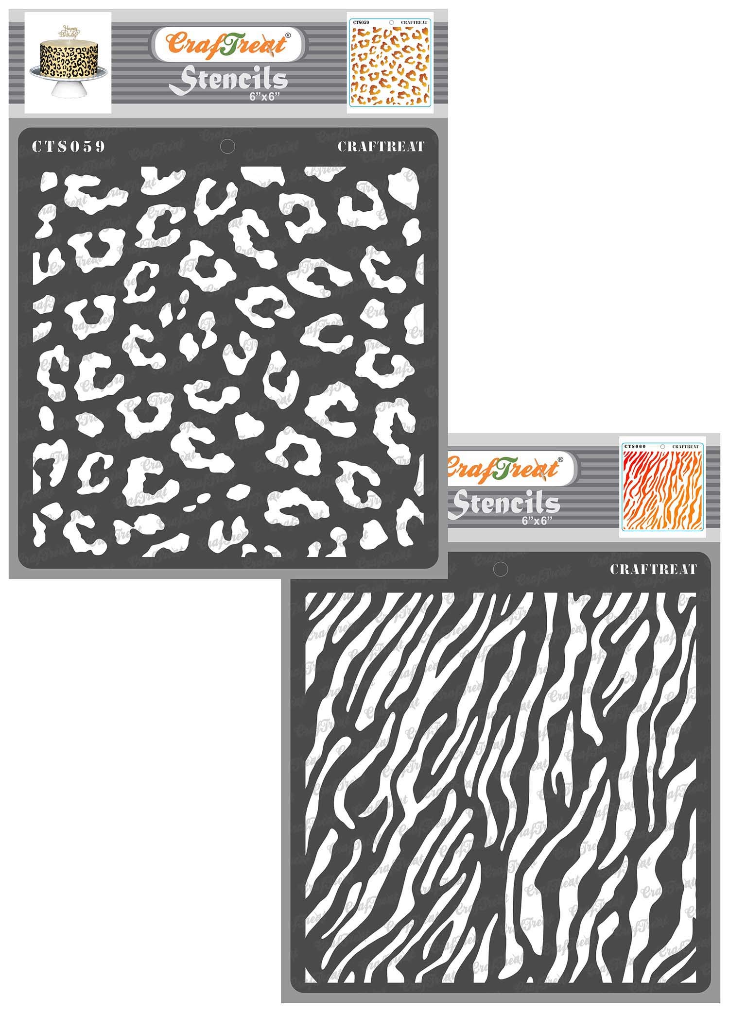 CrafTreat Reusable Cheetah and Zebra Stencils for Painting on Wood, Canvas, Paper, Fabric, Floor, Wall and Tile - Cheetah Skin and Zebra Skin - 2 Pcs - 6x6 Inch Each - DIY Art and Craft Stencils