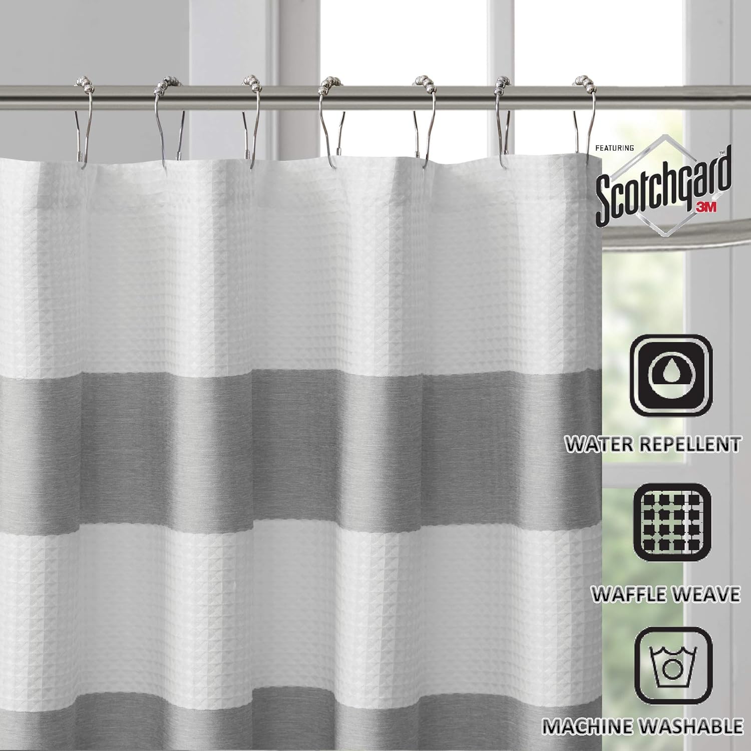 Madison Park Spa Waffle Shower Curtain Pieced Solid Microfiber Fabric with 3M Scotchgard Water Repellent Treatment Modern Home Bathroom Decorations, Standard 72X72, Grey: Home & Kitchen