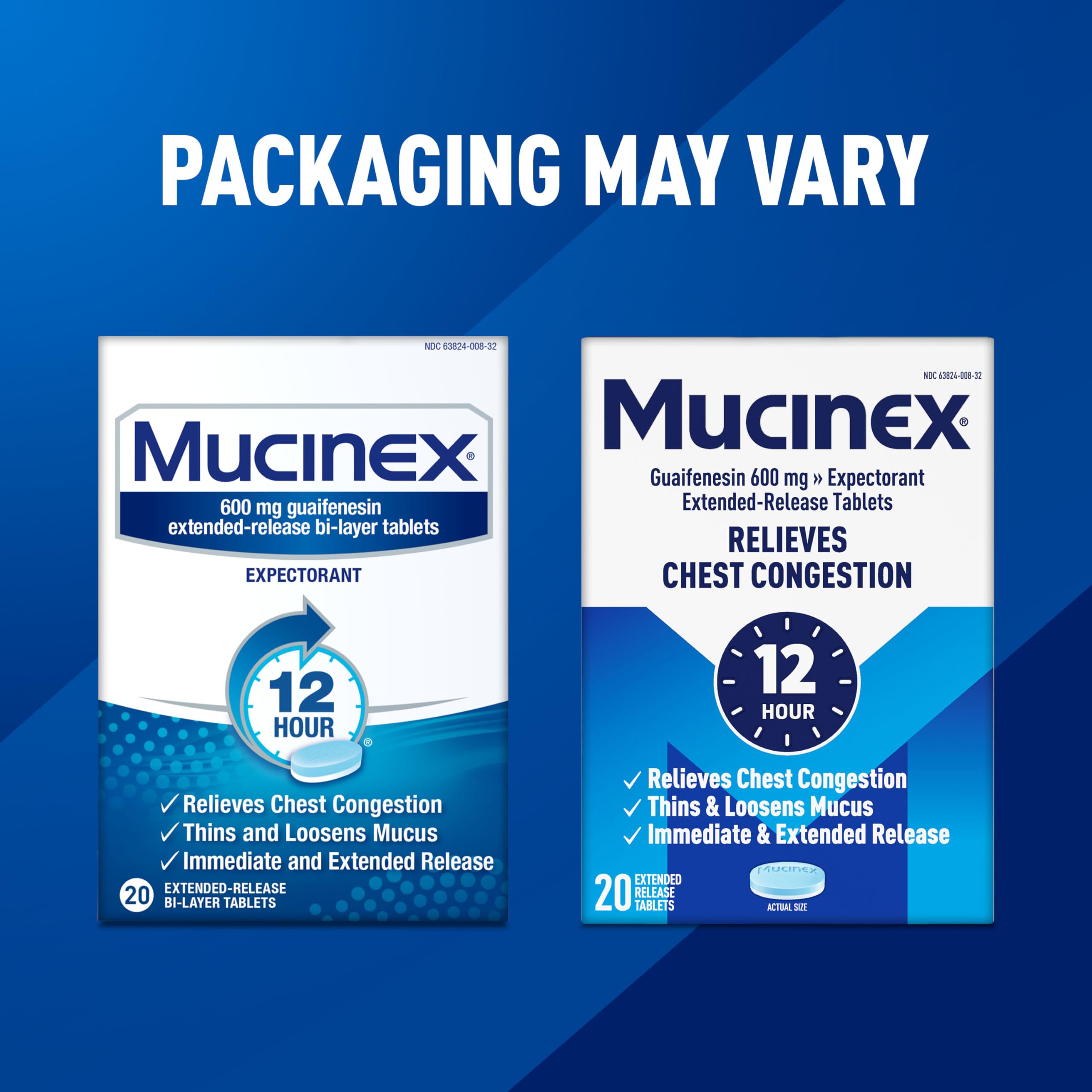 Mucinex Chest Congestion, Expectorant 12 Hour Extended Release Tablets, 20ct, 600mg Guaifenesin with Extended Relief of Chest Congestion Caused by Excess Mucus. Thins and Loosens Mucus