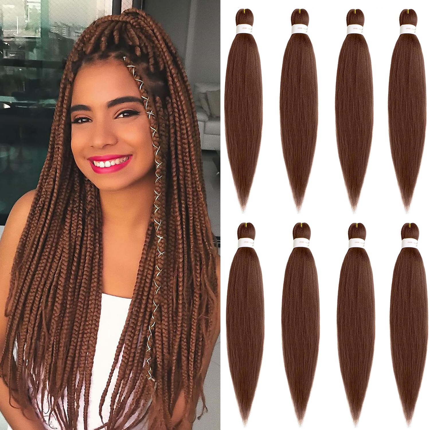 Mscat 20 Inch 8 Packs Pre Stretched Braiding Hair Brown Pre Stretched Braiding Professional Synthetic Prestretched Crochet Braids Hair Extension Hot Water Setting Yaki Texture (30#)