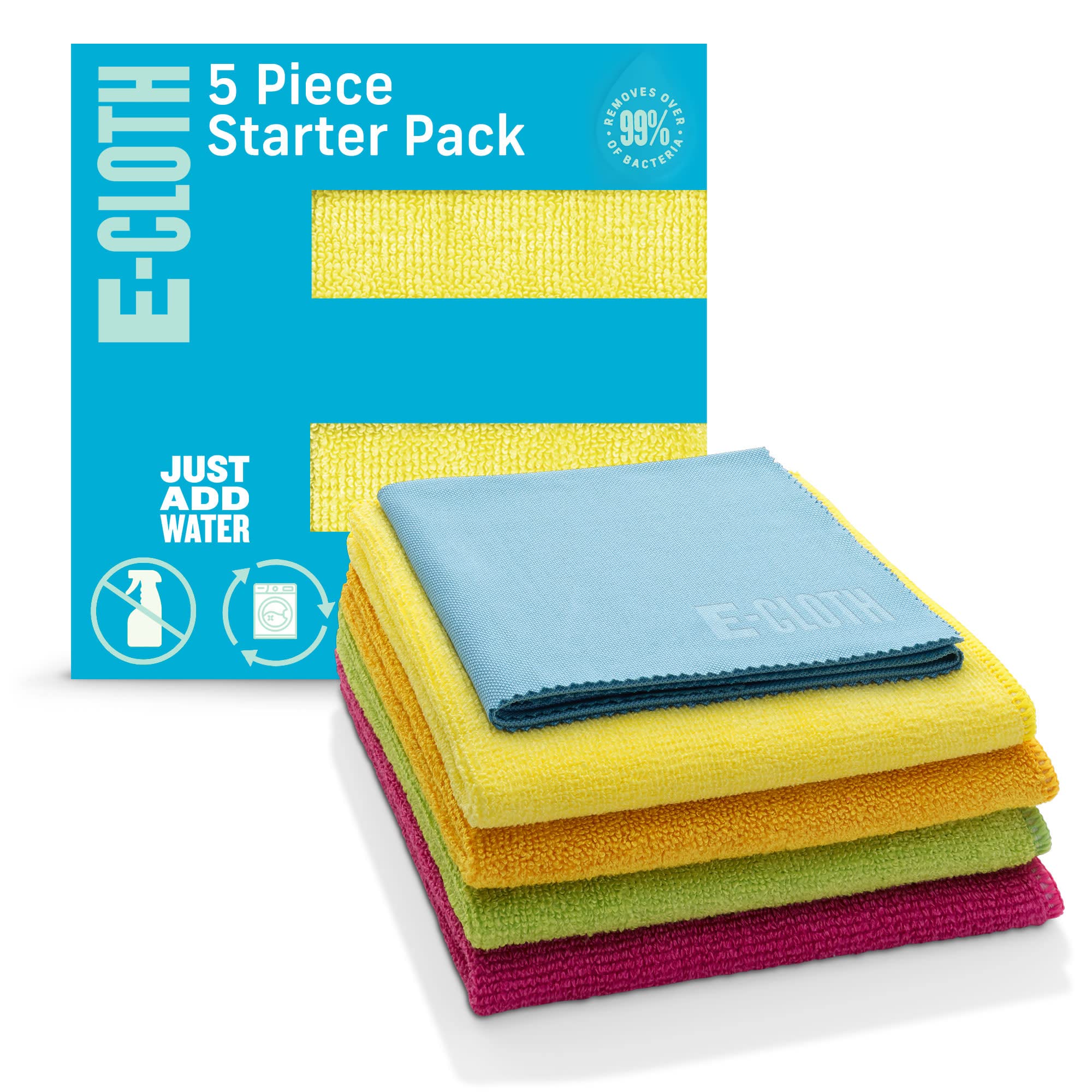E-Cloth 5-pc Starter Pack, Microfibre Cleaning Cloth Set, Includes Household Cleaning Tools for Bathroom, Kitchen, and Cars, Washable and Reusable, 100 Wash Promise, Assorted Colors