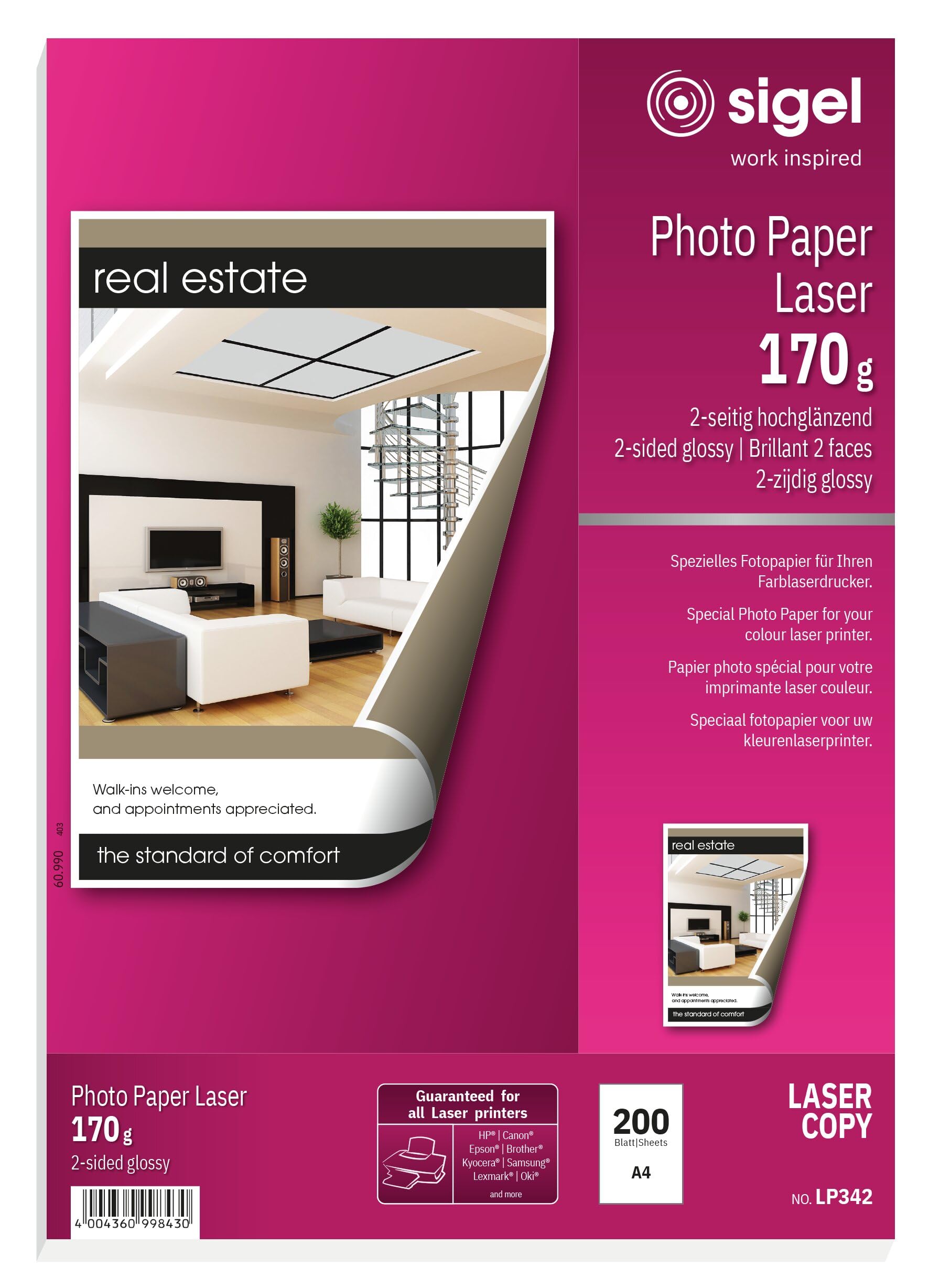 SIGEL LP342 Photo Paper for Colour Laser/ Copier, A4, White, 170gsm, 200 sheets