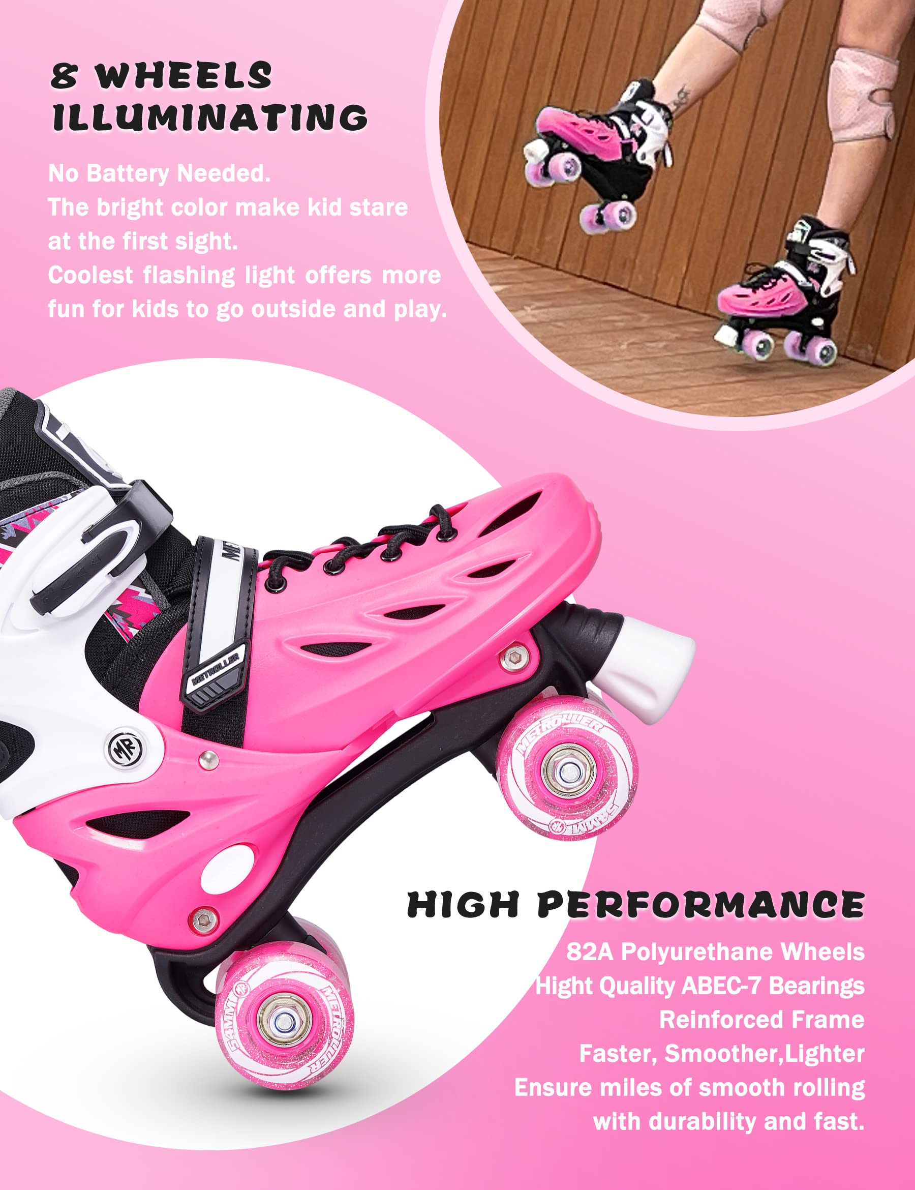 METROLLER Roller Skates for Girls Ages 5-8 8-12 and Boys Teens, Adjustable 4 Sizes for Kids Toddler Rollerskates with Light up Wheels, for Women