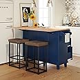 Bellemave 3 Piece Kitchen Bar Table Set Kitchen Island Set with 2 Stools and Drop Leaf, Island Table Set with Seating, Storage Cabinet, Drawers and Towel Rack (Blue)