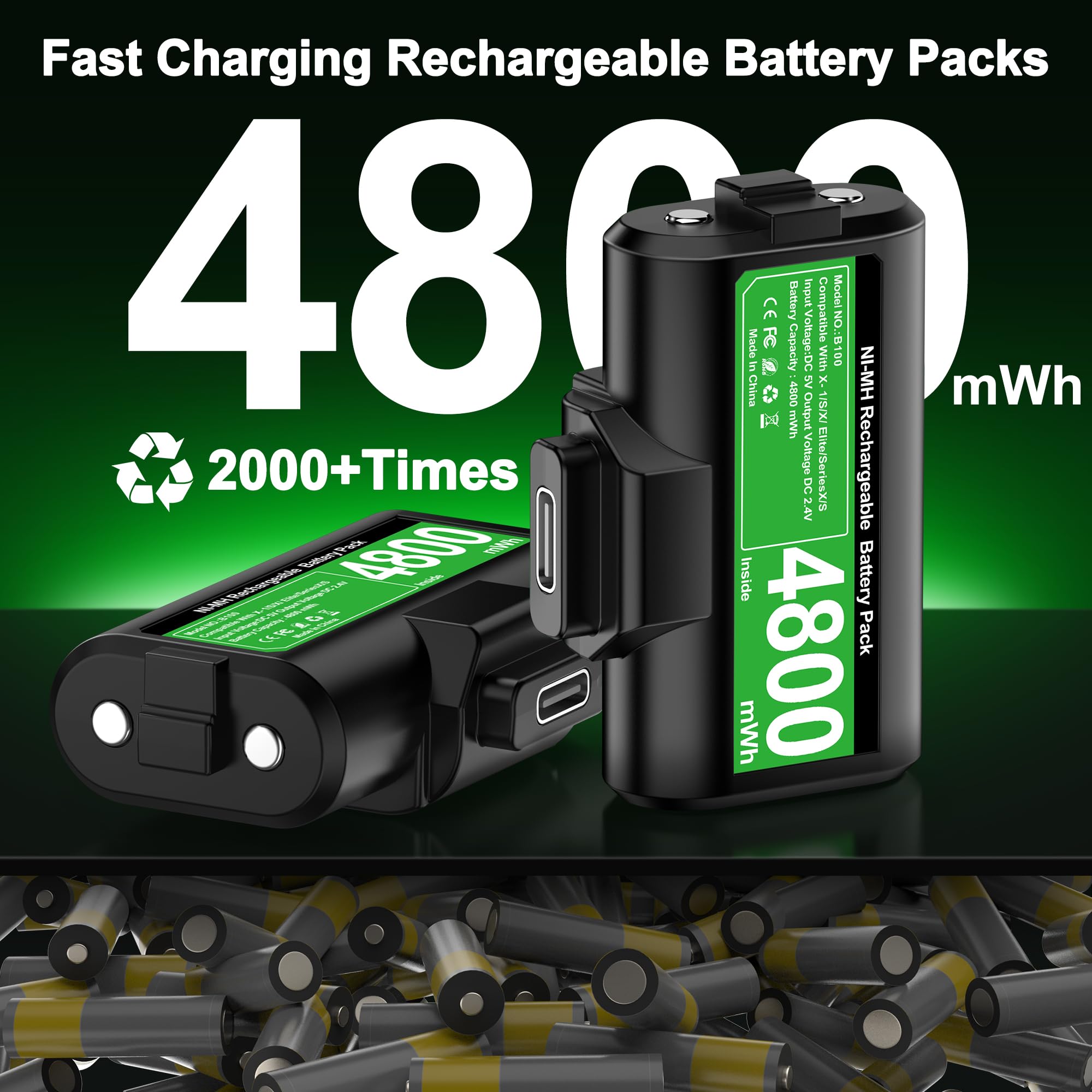 DINOSTRIKE Rechargeable Xbox Controller Battery Pack with 4 Back Covers and a USB C Charging Cable, 2x4800mWh Xbox One Controller Battery Play and Charger kit for Xbox Series X