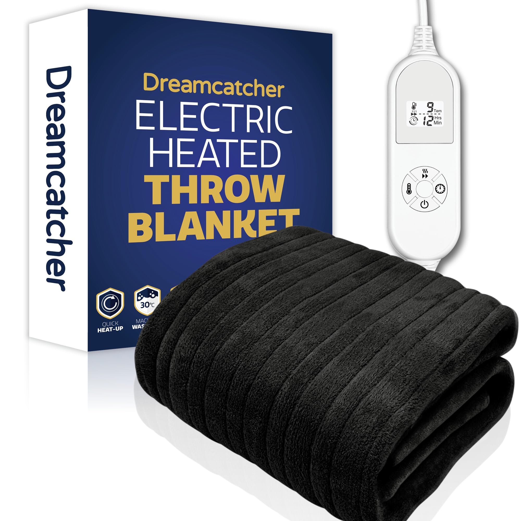 Dreamcatcher Black Heated Throw Electric Blanket, 160 x 120cm Heated Blanket Machine Washable Soft Fleece Electric Throw Overblanket with 12HR Timer and 9x Control Heat Settings