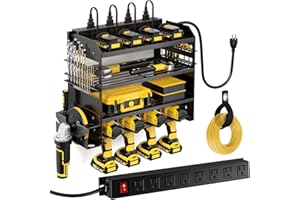 POKIPO Power Tool Organizer Wall Mount with Charging Station,Tool Storage Rack with 8 Outlet Power Strip,Heavy Duty Metal Battery Utility Rack with 4 Cordless Drill Holder 6.56 Ft Cord for Garage