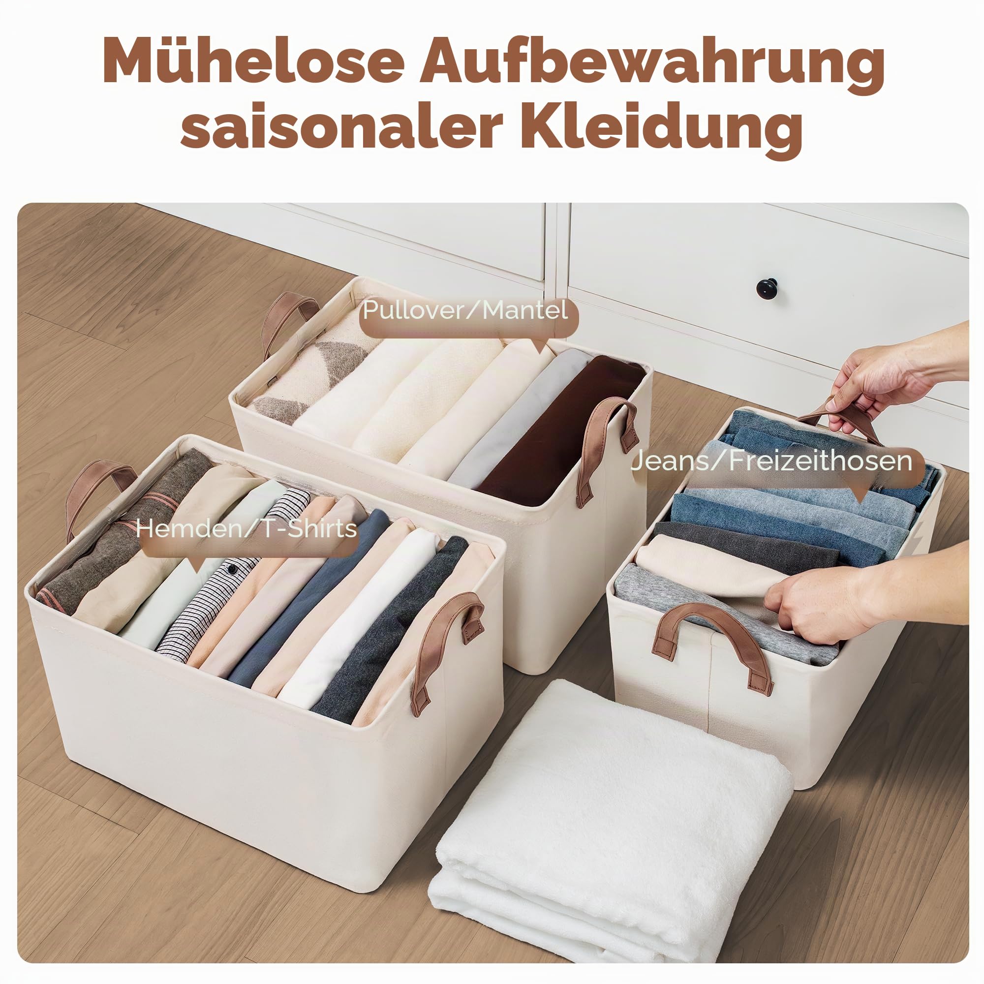 StorageWorks Aufbewahrungskörbe für Regale, faltbare Aufbewahrungsbox mit Metallrahmen, Stoff Ordnungsbox mit Griffen, Kleiderschrank Aufbewahrungskorb groß für Kleidung, Pullover, beige, 2 Stück 6