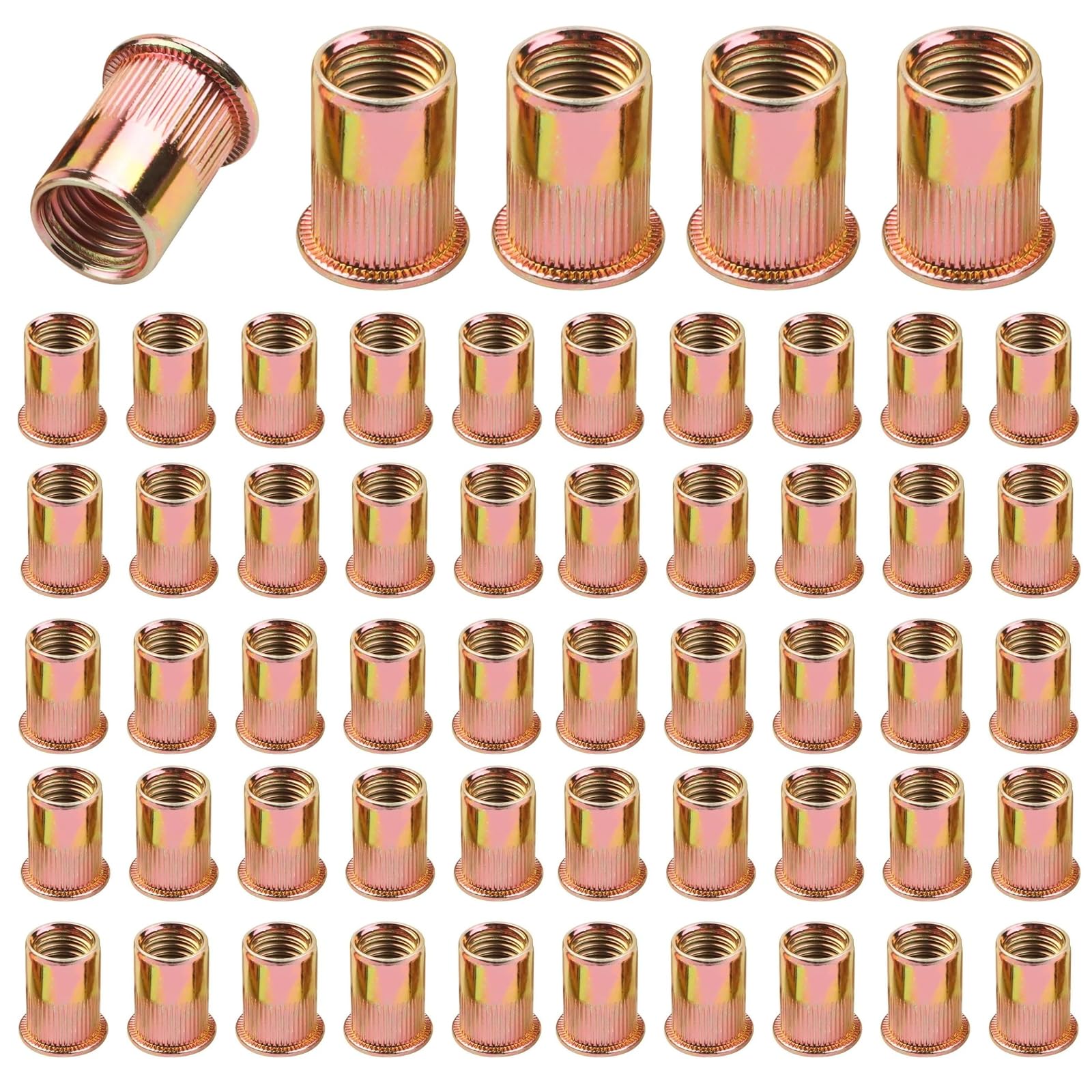 Pack of 100 carbon steel rivet nuts, M6 rivet nuts, flat head threaded rivets, coloured zinc blind rivet nuts, cylindrical vertical threaded nut, used for metal plates, pipes, etc