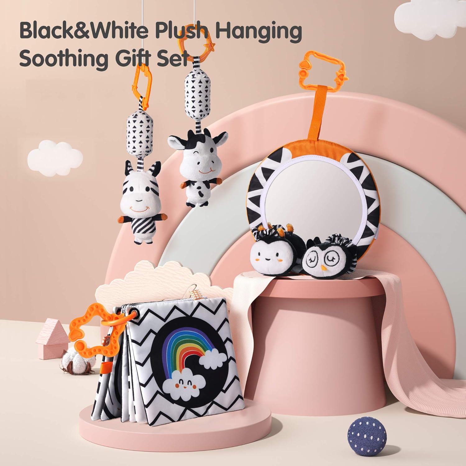 Tumama Bebe Jouets Suspendus Coffret Cadeau Miroir Noir Et Blanc En Peluche Hochets Anneaux Et Livre En Tissu Froisse Pour Landau Siege De Voiture Activite Poussette Jouet Suspendu Pour 3 6 9