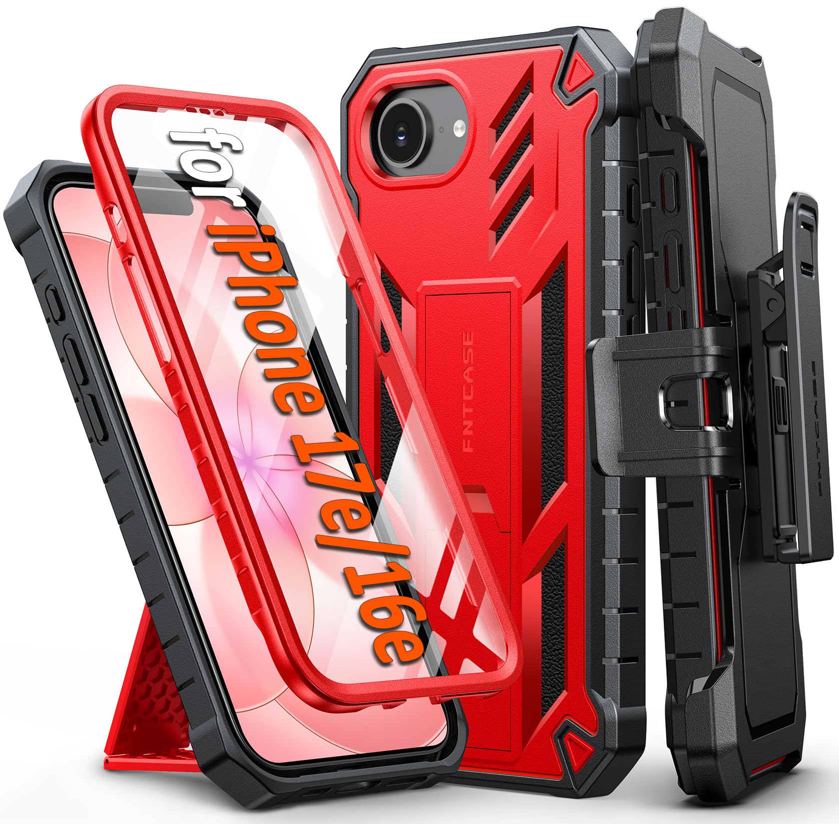 FNTCASE for iPhone 17e Phone Case: for iPhone 16e Case Military Grade Rugged Case with Kickstand & Holster | Shockproof TPU Protection Bumper Matte Textured Design | Heavy Duty Protector Red