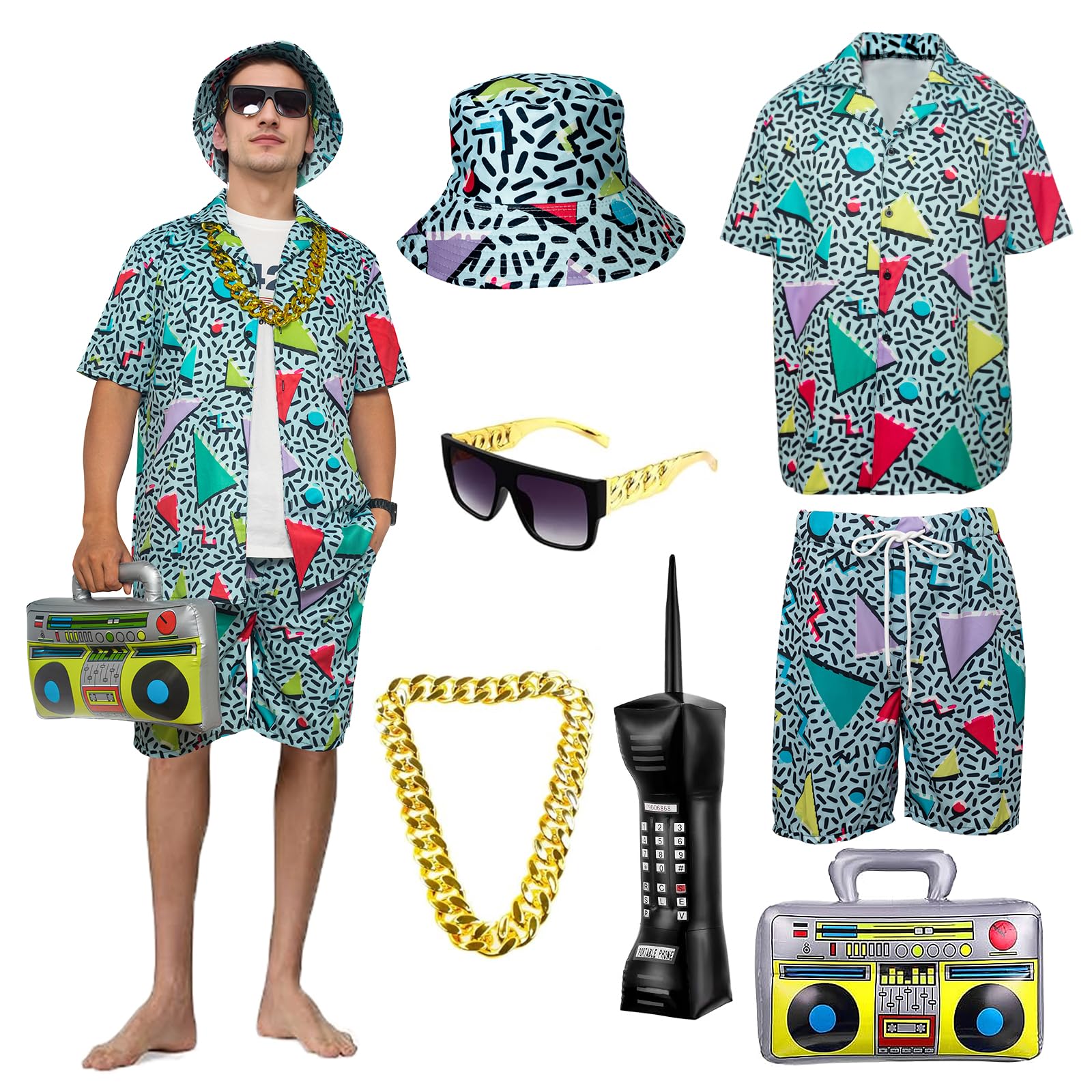 OPAEHJF 80s 90s Hip Hop Outfit for Adults,80s 90s Retro Fancy Dress Men,Hip Hop Outfit Set with Hat and Glasses, Sportswear for Disco Theme Party(Green, M)