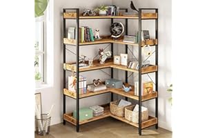 Garvee L-Shaped 5-Tier Corner Bookshelf, 66in Tall Industrial Open Bookcase with 4 Hooks, Space Saving Display Storage Shelve