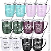Widecook 12 Pcs Valentines Christian Coffee Mugs with Lid and Straw Bible Verse Religious Gifts Tumbler 12 oz Stainless Steel Insulated Inspirational Tumbler for Church Women Men(Multicolor)