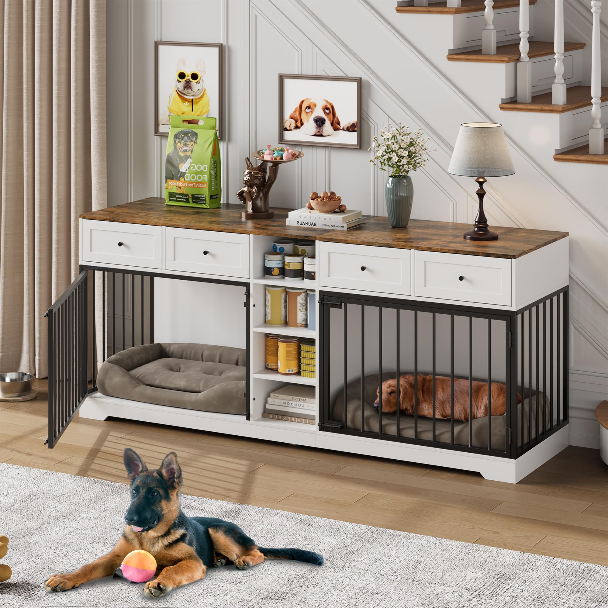 Photo 1 of IDEALHOUSE 82” Large Dog Crate for 2 Dogs, Dog Kennel Indoor with 4 Drawers and Shelves, Double Dog Crate Furniture TV Stand, Wooden Heavy Duty Dog Crate for Medium Large Dogs, White