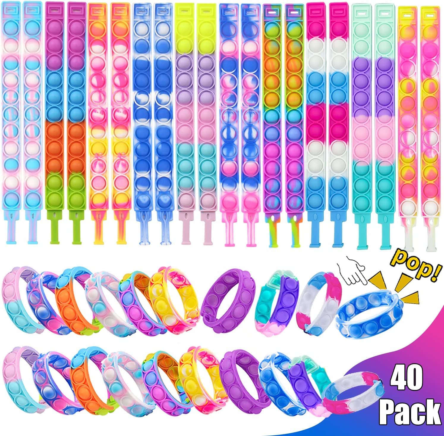 Amyang 90Pcs Pop Bracelet Fidget Toys,Bubble Bracelets,Stress Anxiety Relief Sensory Toys for Kids Adults ADHD ADD Autism,Classroom Exchange Gifts Party Favor Game Prizes