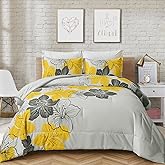 Menghomeus Floral Comforter Set Full Yellow Floral Pattern Printed on Grey - Soft Microfiber Bedding Set Lightweight Boho Bed Comforter Set for All Season, 3 Piece