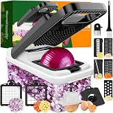 12-in-1 Vegetable Chopper 7 Blades, Veggie Cutter with Handle, Black/White | Stainless Steel Blades, Food Container and Lid, Dicer, Slicer, Julienne, Egg Separator, Non-slip Base, Include Cleaning Tools
