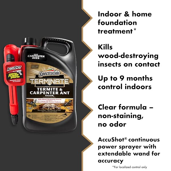SPECTRACIDE TERMINATE TERMITE & CARPENTER ANT KILLER, 1.33 GALLONS, WITH ACCUSHOT SPRAYER INDOOR AND HOME BARRIER TREATMENT KILLS TERMITES, CARPENTER ANTS, CARPENTER BEES AND OTHER LISTED INSECTS ON CONTACT AND STOPS SPIDERS, ROACHES, FLEAS AND TICKS