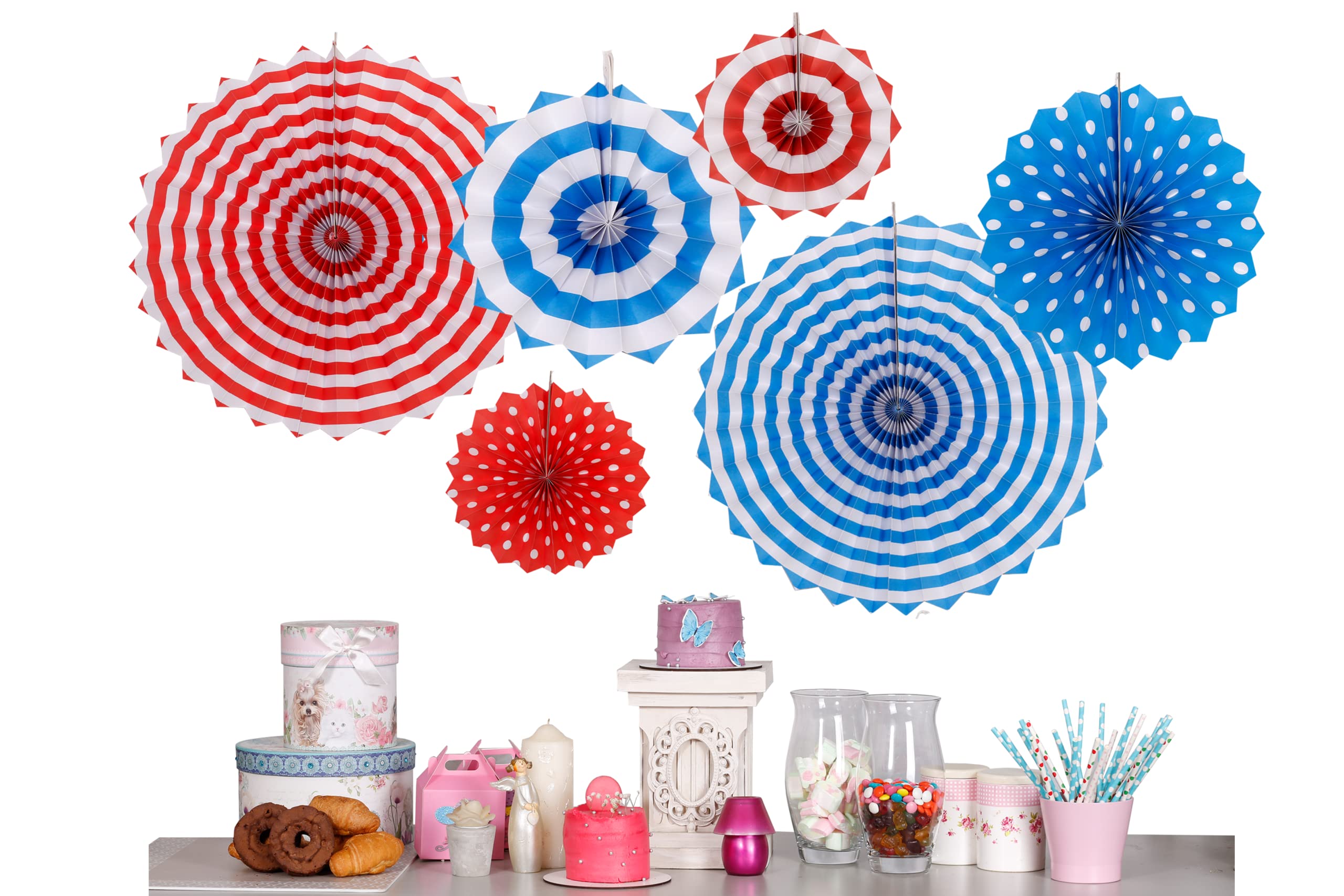 6pcs Paper Fan Decorations Party Hanging Ceiling Decorations Red Blue Birthday Colourful Christmas Halloween Birthday Valentine Baby Shower (Red Blue Shade)