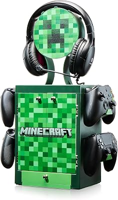 Cacifo e suporte de armazenamento oficial de Minecraft – capacidade para 10 jogos/DVDs, 4 comandos, auscultadores e acessórios – Organizador robusto – Merchandising oficial de Minecraft