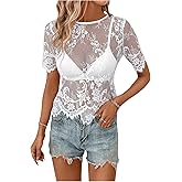 SweatyRocks Women's Floral Lace Sheer See Through Blouse Short Sleeve Crewneck Scallop Trim Shirts Tops