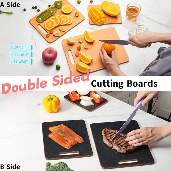 COKKA PRACA DISHWASHER SAFE WOOD CUTTING BOARDS FOR KITCHEN, WOOD CUTTING BOARD SET OF 3, DOUBLE SIDED, 0.39” THICK CHOPPING BOARD SET WITH HANDLE, WOODEN CUTTING BOARDS FOR MEAT, VEGETABLE, FRUIT