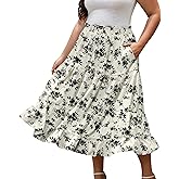 LOUSGUTA Women's Midi Skirt Flowy Ruffle Tiered High Elastic Waist Casual Skirts with Pockets