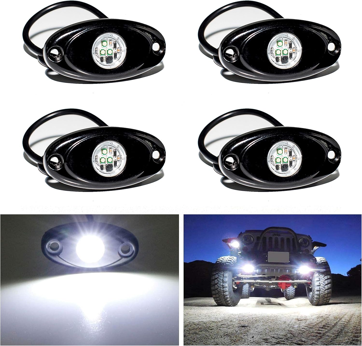 YONEDA LED Rock Lights 4PODS Waterproof LED Neon Underglow Light for Car Truck ATV UTV SUV Jeep Offroad Boat Underbody Glow Trail Rig Lamp (White): Automotive