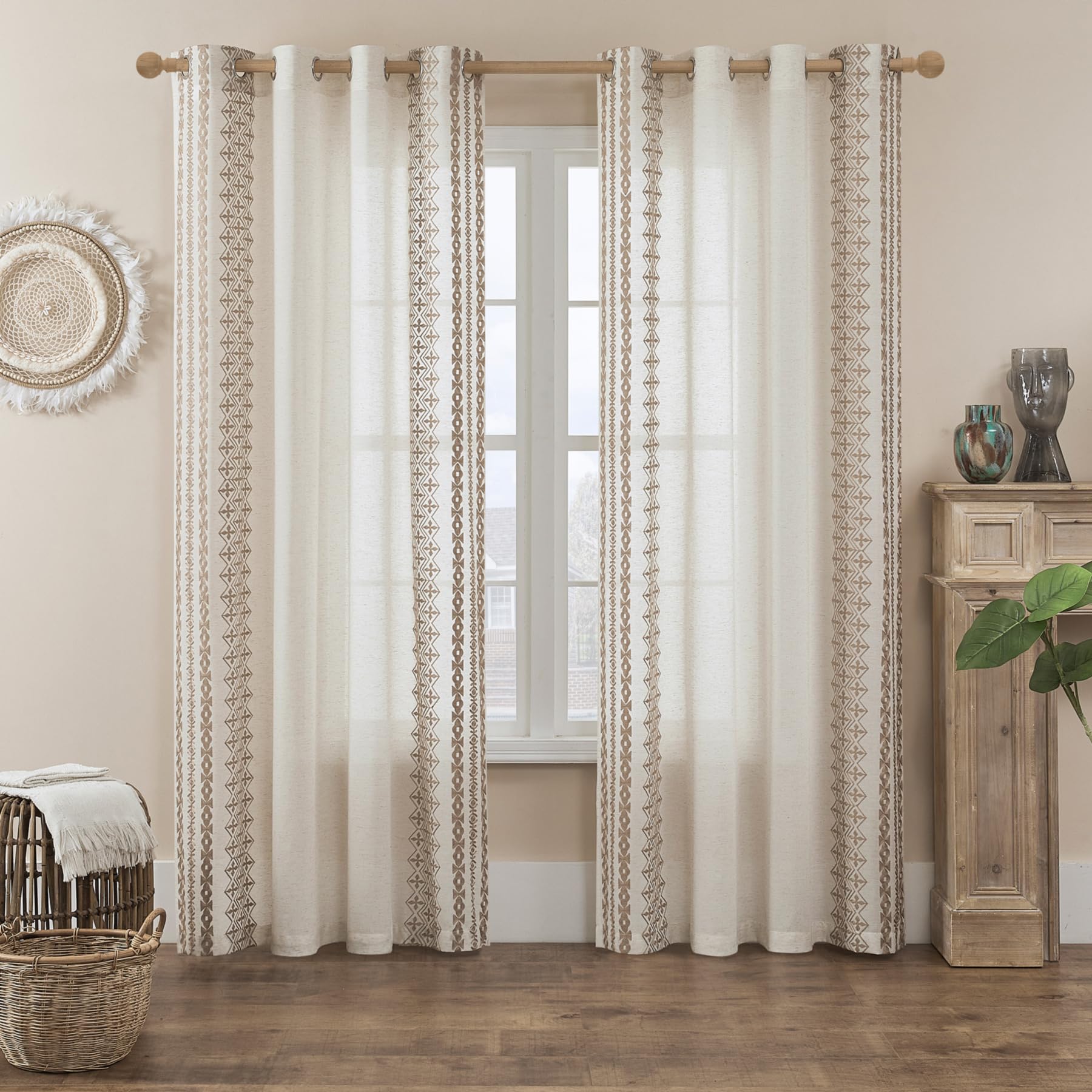 Boho Sheer Curtains for Living Room Bedroom - 84 Inches Long 2 Panels Set With Grommets, Beige Embroidered Neutral Bohemian Window Treatment for Rustic Farmhouse Decor, 52x84 Taupe