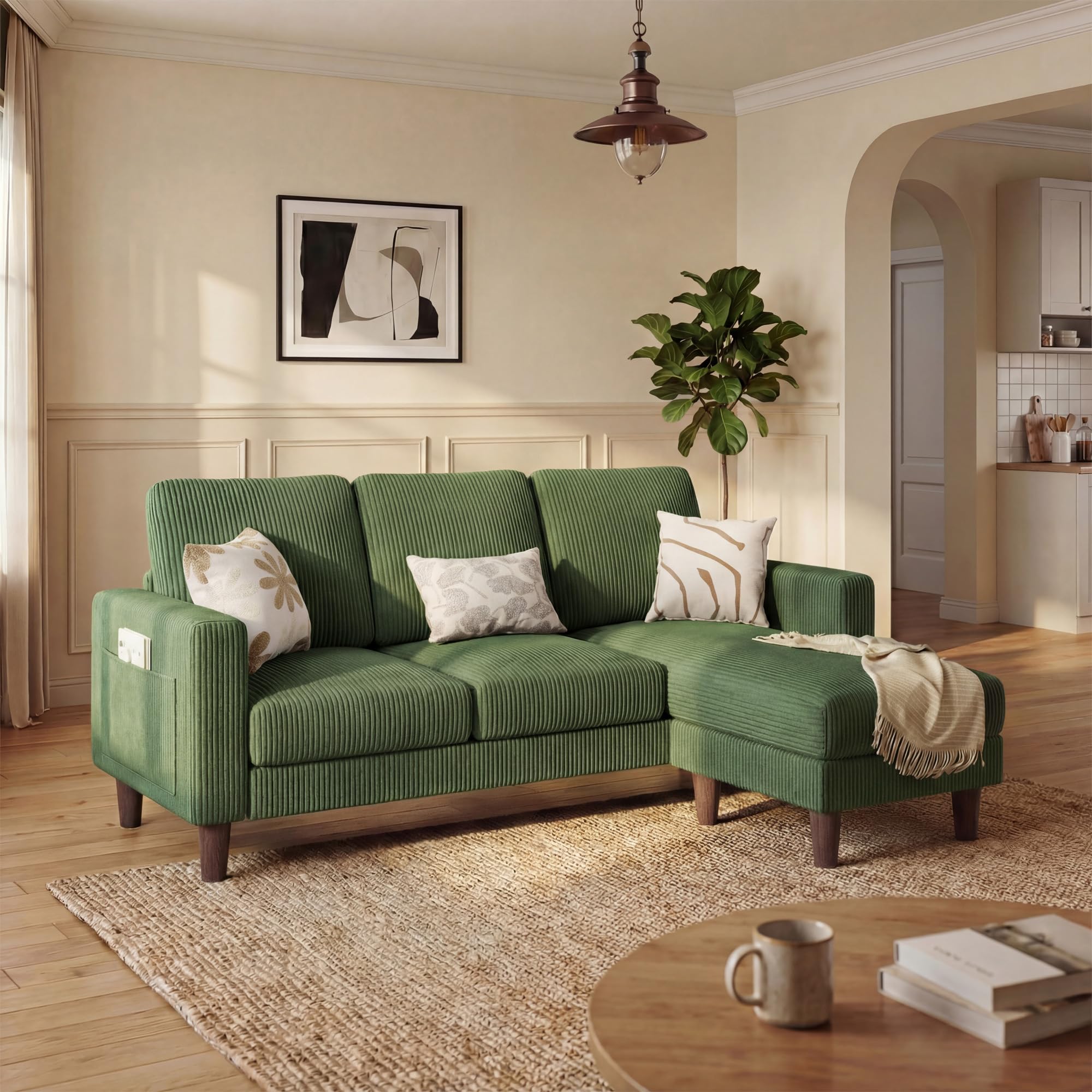 Photo 1 of Homall 3 Seat Couch L Shape Sofa with Side Storage Pockage, Sectional Couches with Reversible Ottoma, Upholstered Sofa for Living Room and Small Spaces (Corduroy, Green)