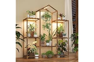 Bamworld Plant Stand Indoor with Grow Lights Wood Plant Shelf for Hanging Planter Pots Display Flower Stand for Living Room Patio Garden Decor