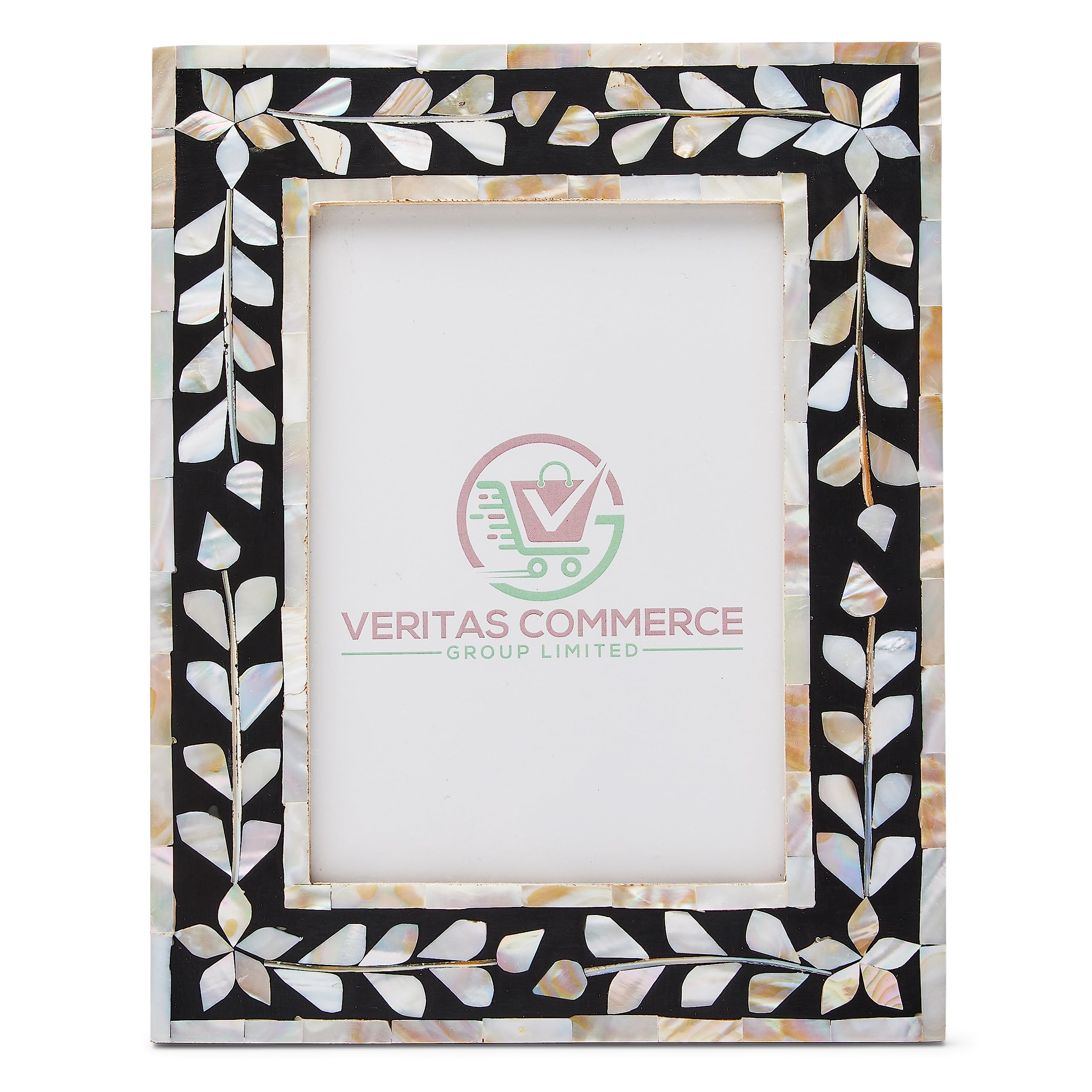Veritas Commerce Group Handcrafted Mother of Pearl Photo Frame 7 x 5 | Black & White Photo Frame | Handmade Wooden Picture Frame Herringbone Design | Vintage Decor |