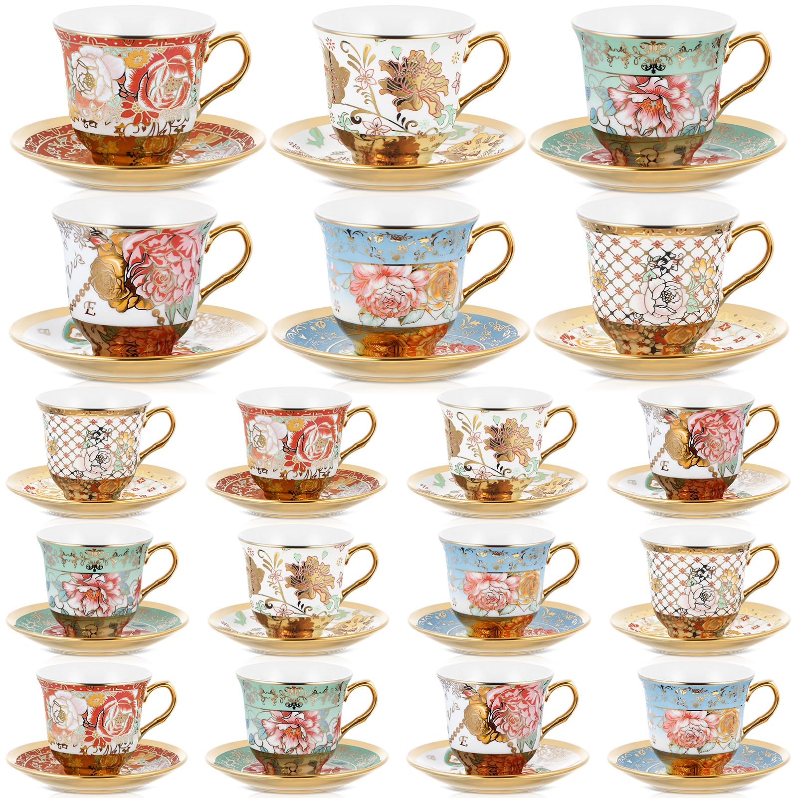 Photo 1 of Teenyyou Set of 18 Tea Cups and Saucers Tea Party Decorations Floral Porcelain 5.4 oz British Gift for Women Birthday Party, Church, and Mother's Day (Stylish Style)
