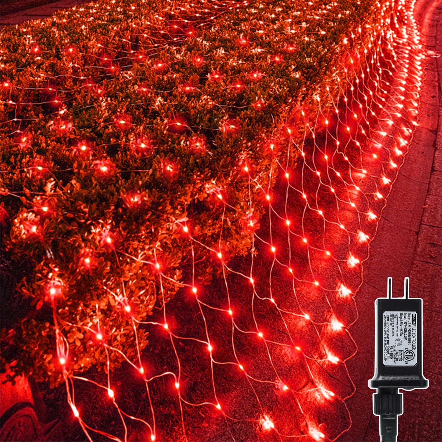 Photo 1 of LJLNION Christmas Net Lights, 360 LED 12ft x 5ft Connectable Mesh Fairy String Lights, 8 Lighting Modes, Low Voltage Safe Adaptor for Xmas Trees Bushes Wedding Outdoor Holiday Garden Decorations, Red