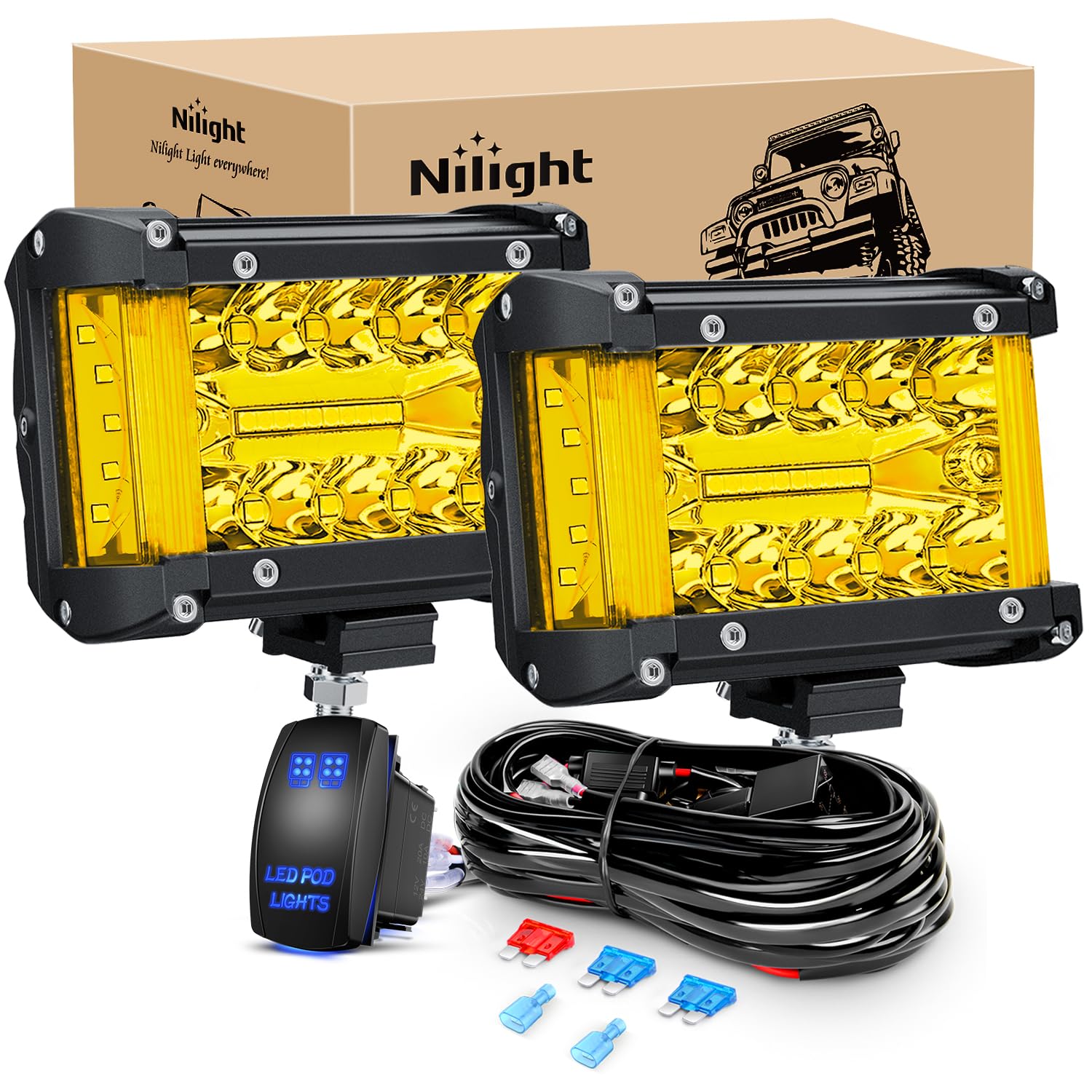 Nilight Side Shooter LED Light Bar 2PCS 4.3Inch Triple Row Spot Flood Combo Yellow Beam Lighting with 5Pin Rocker Switch Wiring Harness Kit for Off Road Light on Truck SUV ATV UTV Image Nilight Side Shooter LED Light Bar 2PCS 4.3Inch Triple Row Spot Flood Combo Yellow Beam Lighting with 5Pin Rocker Switch Wiring Harness Kit for Off Road Light on Truck SUV ATV UTV Image