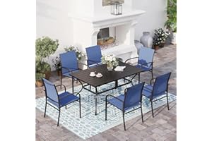 SUNSHINE VALLEY 7 Piece Patio Dining Set for 6, Rectangular Metal Dining Table with Umbrella Hole and 6 Chairs, Outdoor Table and Chairs Set for Lawn Backyard and Deck, Blue