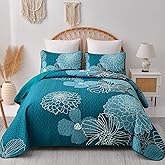 Queen Quilt Sets Teal Floral Pattern Quilt Bedding Set, 3 Pieces Botanical Quilt Bedspread Coverlet Set, Soft Microfiber Boho Flower Bed Coverlet Bedding Set for All Season(96" x 90)
