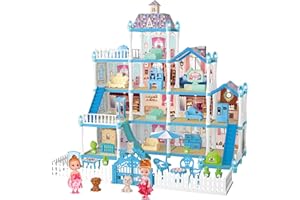 Seifar Doll House Playset for Kids Girls, 4 Storey, 13 Rooms, 2 Dolls & 2 Puppies, Furniture & Accessories for 5,6,7,8 Year Old Girls (Blue)