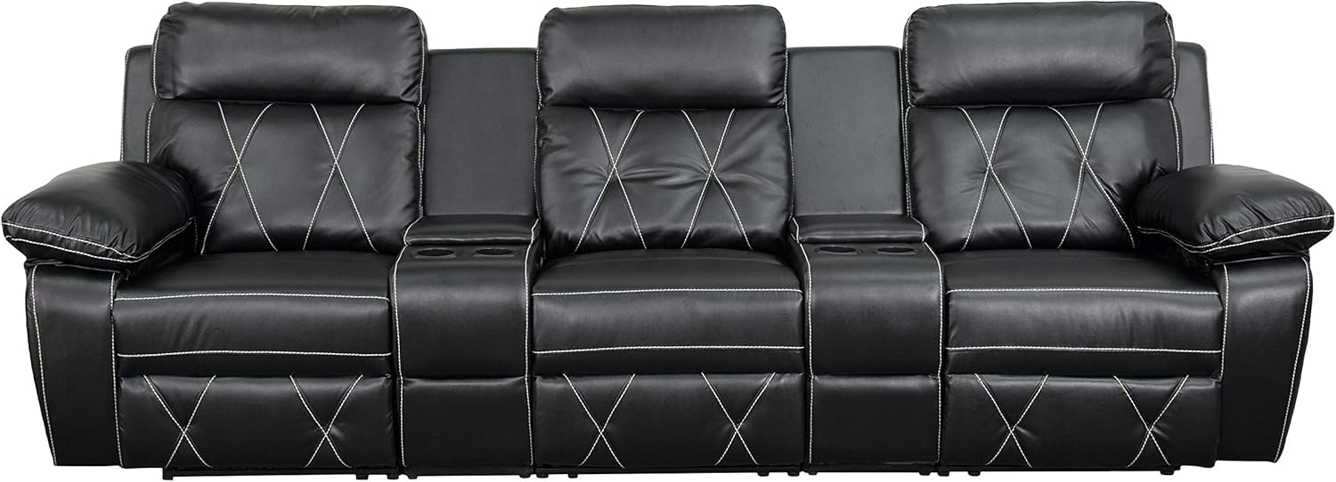 Flash Furniture Reel Comfort Series 3-Seat Reclining Black LeatherSoft Theater Seating Unit with Straight Cup Holders: Furniture & Decor