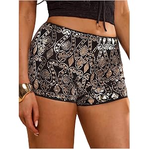 Floerns Women's Sparkly Sequin Rave Mini Shorts Y2K Low Rise Summer Skinny Booty Shorts Club Outfits
