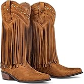WrangWalker Fringe Cowboy Boots for Women Wide Calf - Tassel & Studded Accents, Faux Suede Leather, Country Hippie Cowgirl Boots
