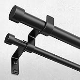 Black Double Curtain Rod, 36 to 72 Inch Dual Curtain Rods with Aluminium Modern End Cap Finials, 1 Inch Adjustable Heavy Duty