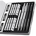 Four Candies 4PCS Metal Mechanical Pencils Set with Case, 0.5mm & 0.7 mm Artist Pencil with 8 Tubes (480PCS) HB Lead Refills, 3 Erasers,9 Eraser Refills For Writing Drafting, Drawing, Black&Silver