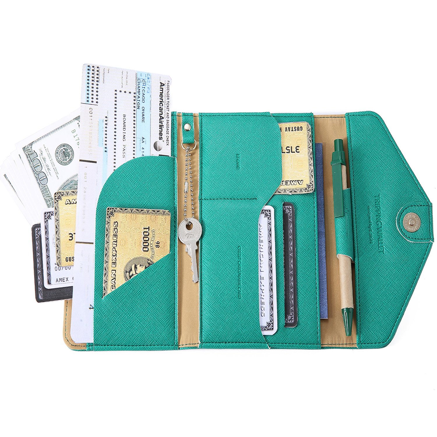 IVESIGN Travel Passport Wallet Trifold Envelope Document Organizer Holder (Green)