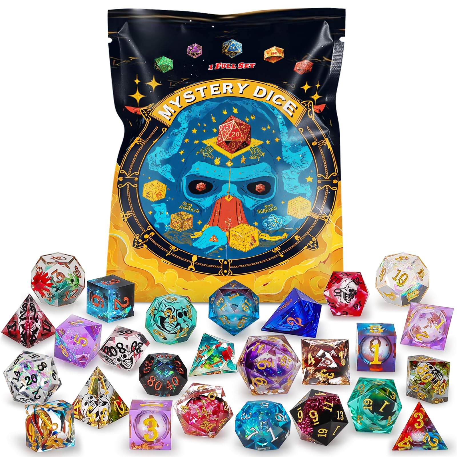QMAY Resin Mystery Dice Set, 7 Pcs Handmade Sharp Edge Polyhedral Dice, Random Various Styles DND Dice & Dice Bag, DND Gifts, Suitable for Dungeons and Dragons, RPG, MTG,Role Playing Table Game