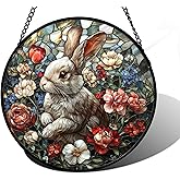 DASTOLL Stained Glass Window Hanging - Cute Rabbit Flowers Suncatcher Ready to Hang Window Doors Home Decoration, Christmas, Mother's Day Birthday Gifts for Women, Men, and Mom 7.8x7.8 in