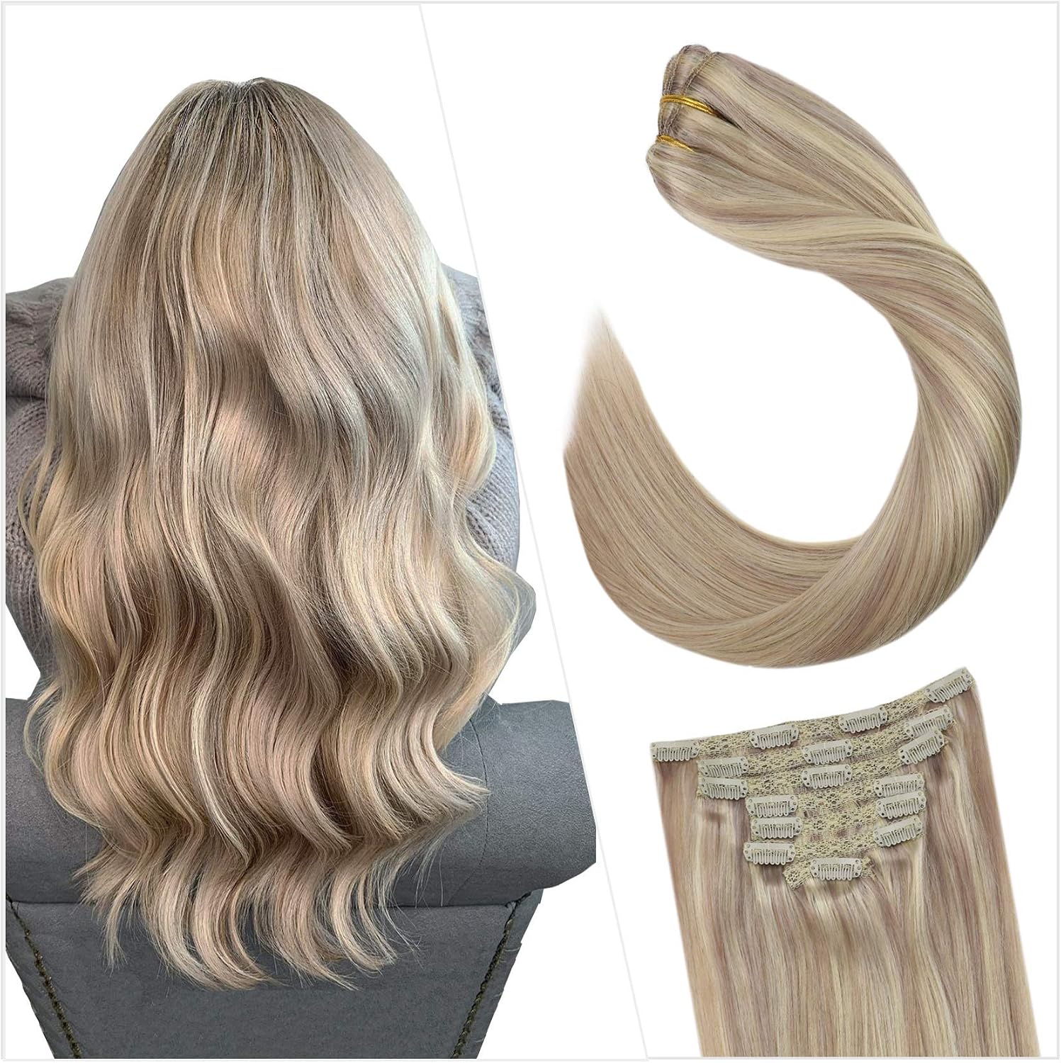 Ugeat Hair Extensions Clip ins Blonde Highlights Clip in Hair Extensions Real Human Hair Ash Blonde Highlights Bleach Blonde Human Hair Clip in Extensions Full Head 14 Inch 105g 7pcs