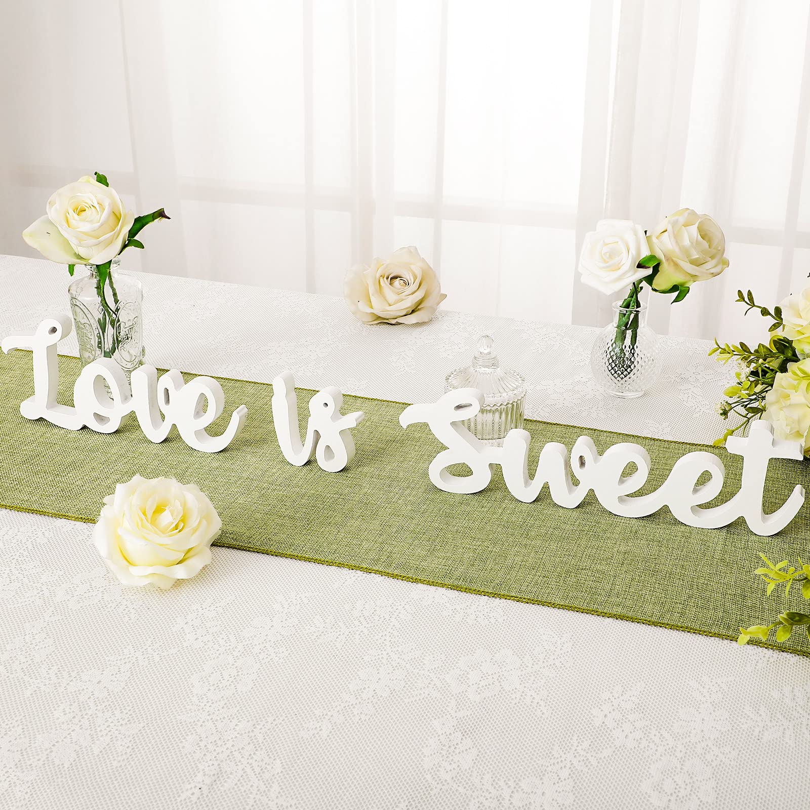 Photo 1 of Love Is Sweet Table Decor Hollow Sign Wooden Love Is Sweet Sign for Dessert Table Freestanding Wood Is Wooden Letter Top for Wedding Shelf(White)